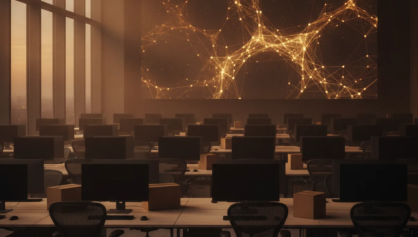 Oficina corporativa con filas de escritorios vacíos al anochecer y una única pantalla encendida con patrones de inteligencia artificial — despidos masivos en la era de la IA