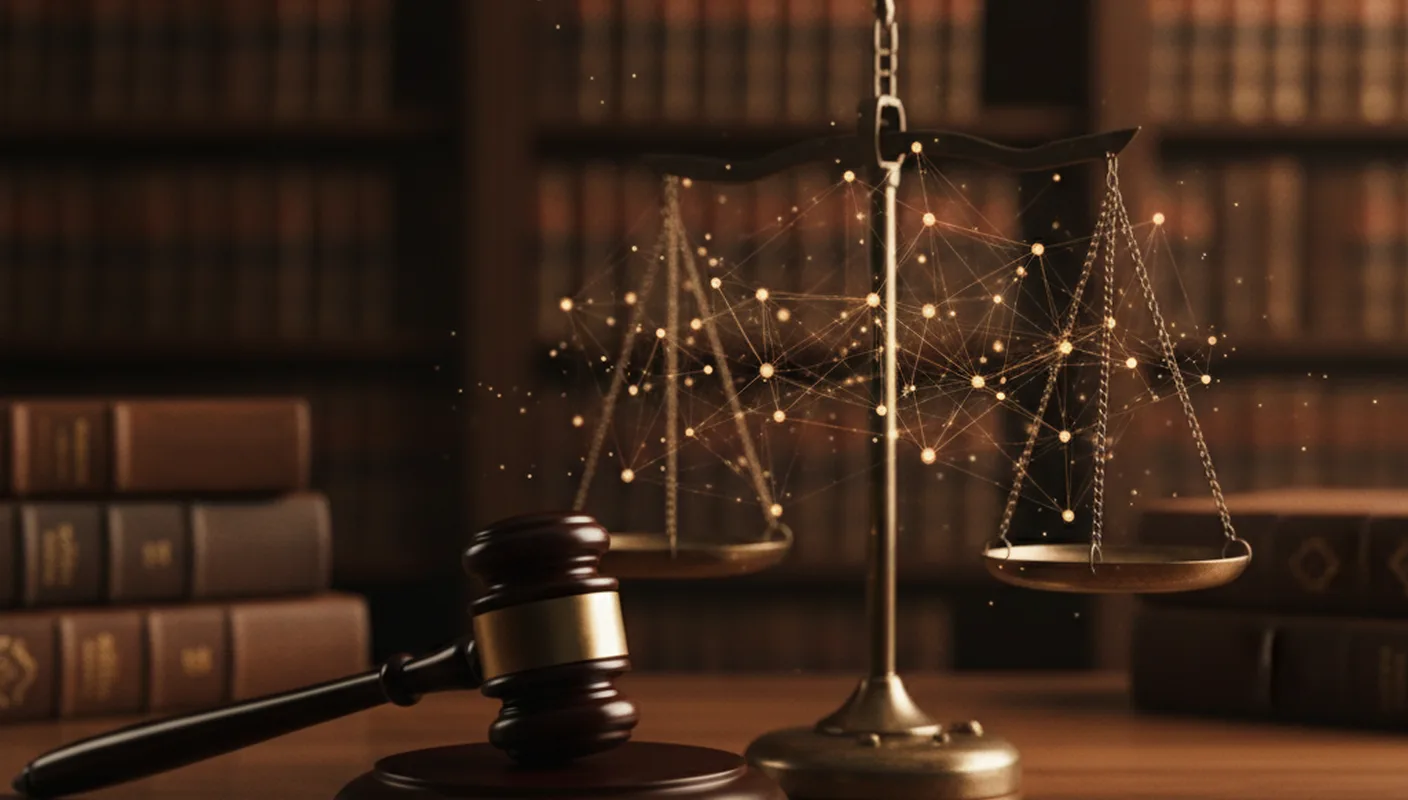 Balanza de la justicia y mazo de juez envueltos en una red neuronal de luz dorada, frente a una biblioteca jurídica — regulación de la inteligencia artificial en el Poder Judicial paraguayo