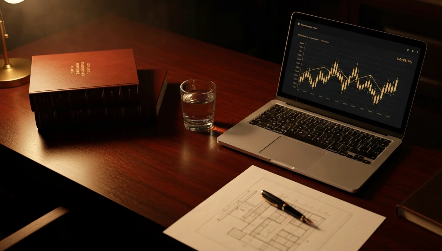 Escritorio premium de estudio jurídico paraguayo con códigos legales, laptop con tablero de ROI y luz cálida — análisis de retorno de inversión en automatización legal