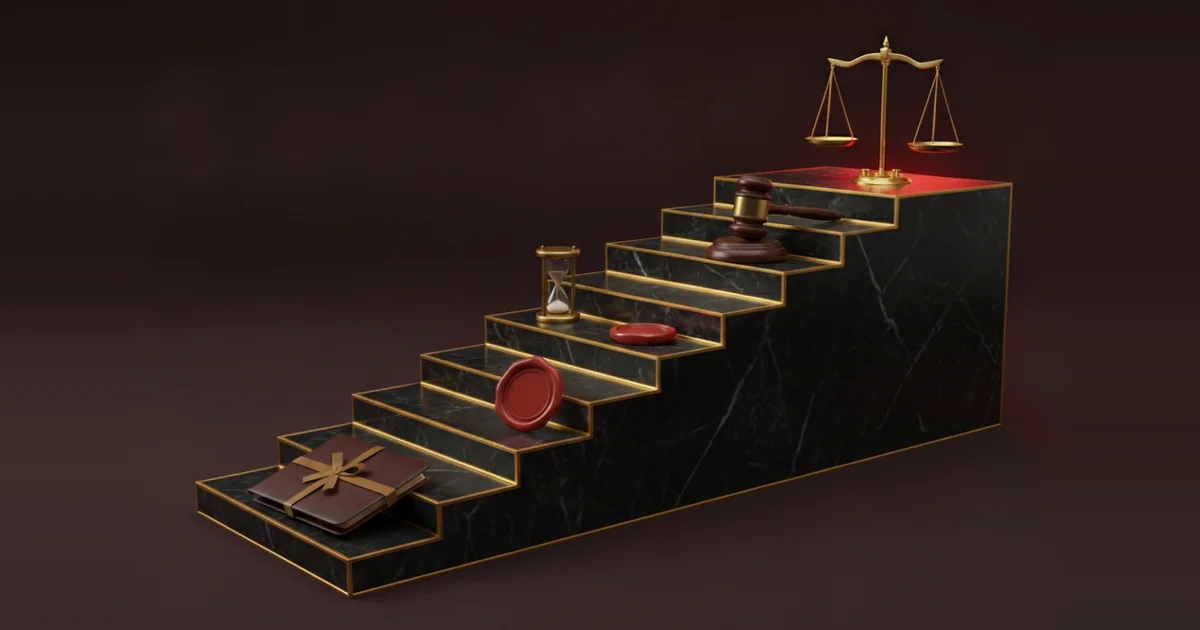 Render 3D de una escalera de mármol negro con bordes dorados: una carpeta cerrada en el primer escalón, un reloj de arena y sellos de lacre en los intermedios, un mazo de juez y, en la cima, una balanza dorada con un resplandor rojo — la escalada procesal antes del desacato