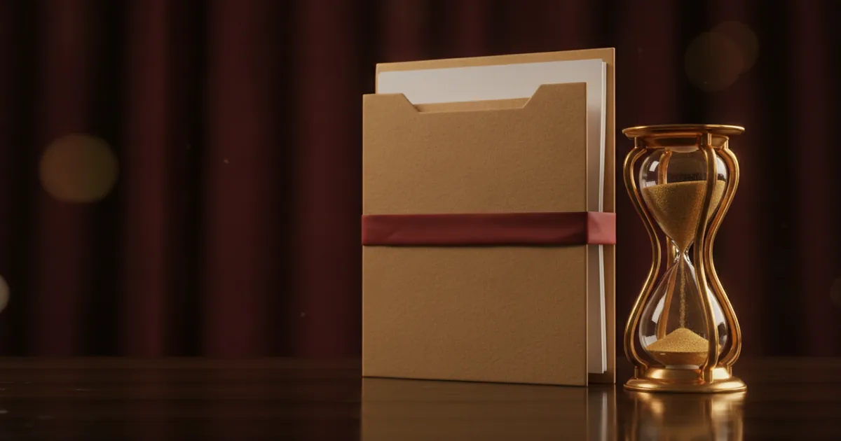 Render 3D de un reloj de arena dorado junto a una carpeta de expediente judicial atada con una cinta roja, sobre fondo bordó oscuro — el tiempo procesal que corre sobre cada causa