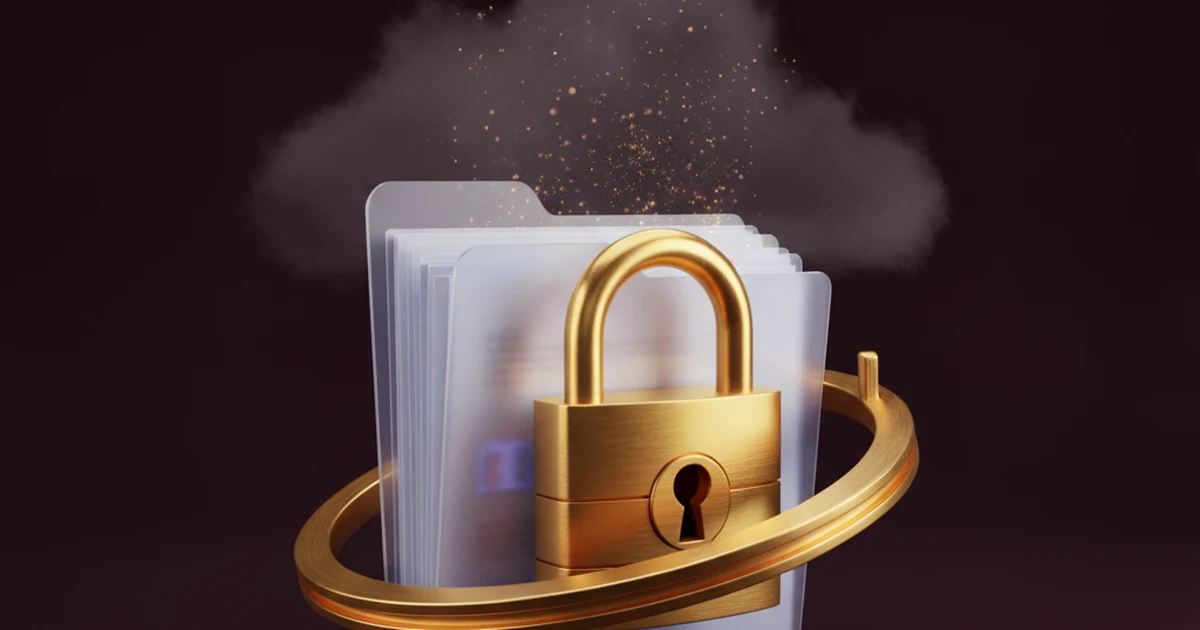 Render 3D de un candado dorado protegiendo carpetas de documentos translúcidas, con partículas de datos dispersándose hacia una nube difusa al fondo — el riesgo de confidencialidad al compartir datos de clientes con IA genérica