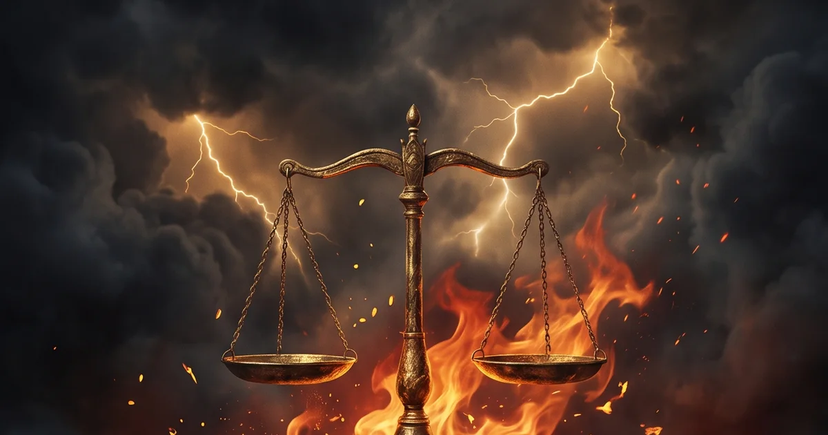 Render 3D de una balanza de la justicia dorada entre llamas, con rayos y nubes de tormenta detrás