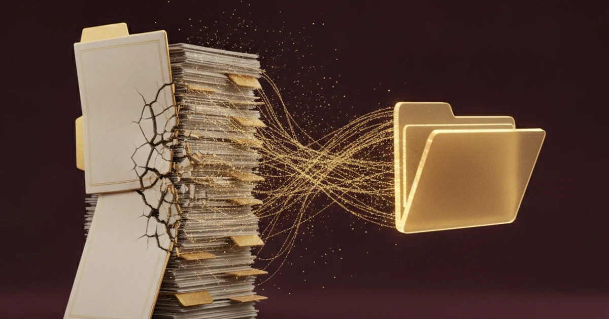 Render 3D de una pila de expedientes en papel disolviéndose en partículas doradas que forman una carpeta digital luminosa, sobre fondo oscuro — la transición del expediente judicial al formato electrónico