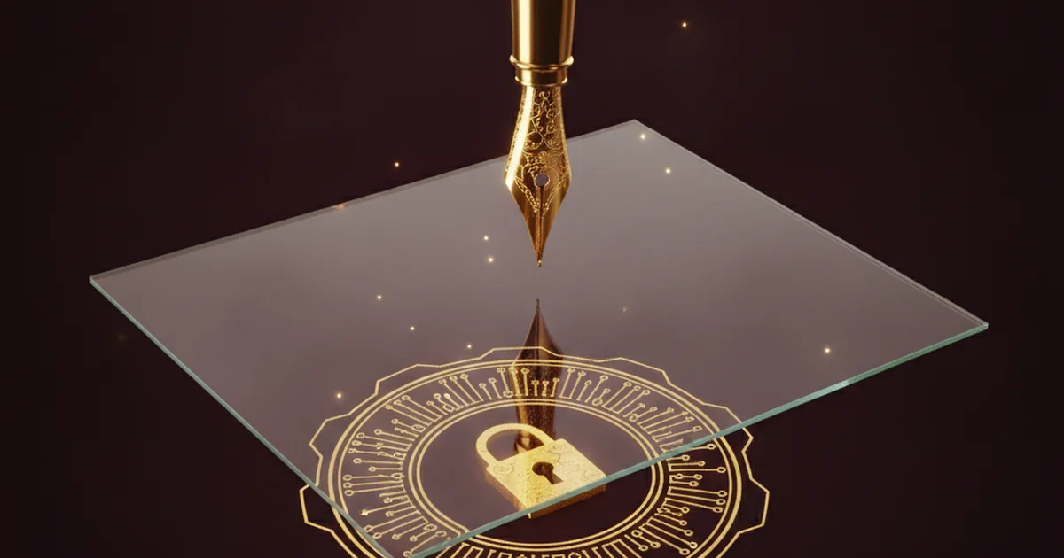 Render 3D de una pluma estilográfica dorada sobre una lámina de vidrio en blanco, con un sello dorado de circuitos y un candado sobre fondo bordó oscuro — la firma electrónica cualificada