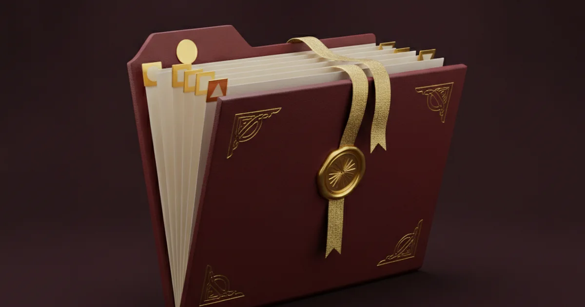 Render 3D de una carpeta de expediente bordó con ribetes dorados, hojas con pestañas doradas de distintas formas, un sello de lacre y una cinta dorada sobre fondo oscuro — las distintas actuaciones de un expediente judicial