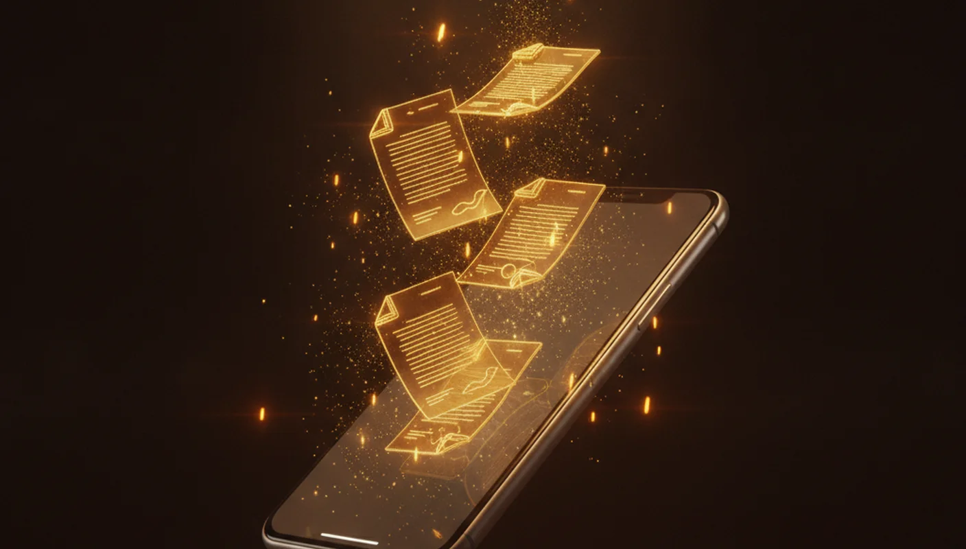 Render 3D de un teléfono del que emergen documentos judiciales dorados en espiral — AnimusLex, la app de expedientes del Poder Judicial paraguayo