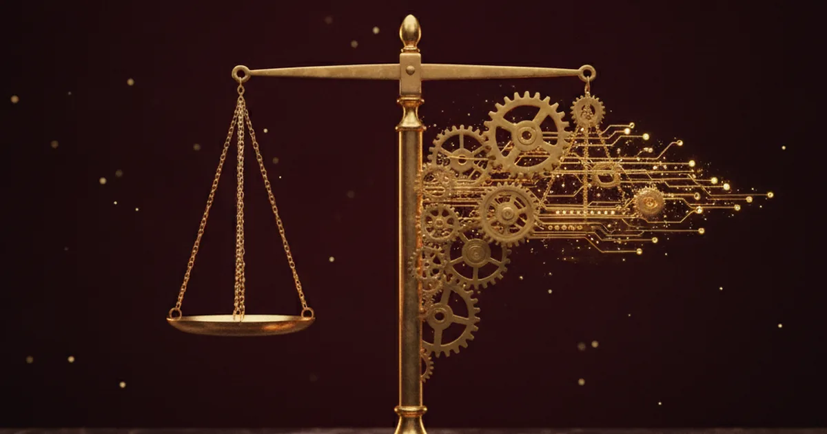 Render 3D de una balanza de la justicia dorada cuyo brazo derecho se transforma en engranajes y circuitos sobre fondo bordó oscuro — el derecho y la ingeniería unidos en una sola pieza
