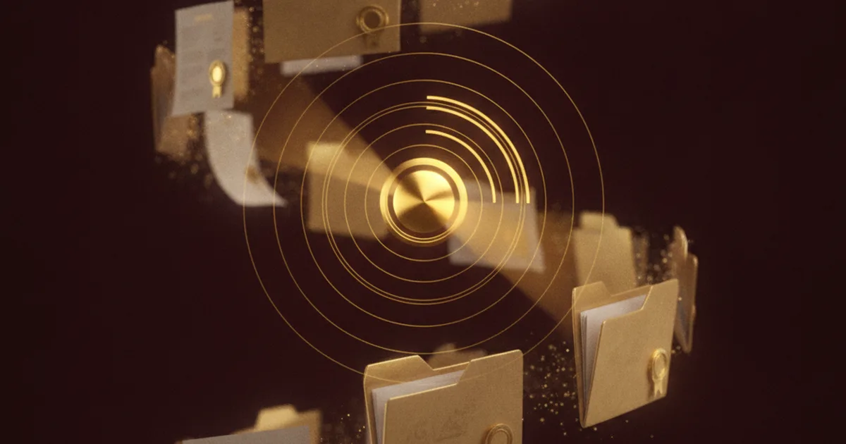 Render 3D de un radar dorado vigilando carpetas de expedientes judiciales sobre fondo oscuro — la diferencia entre un chatbot legal y un sistema en producción