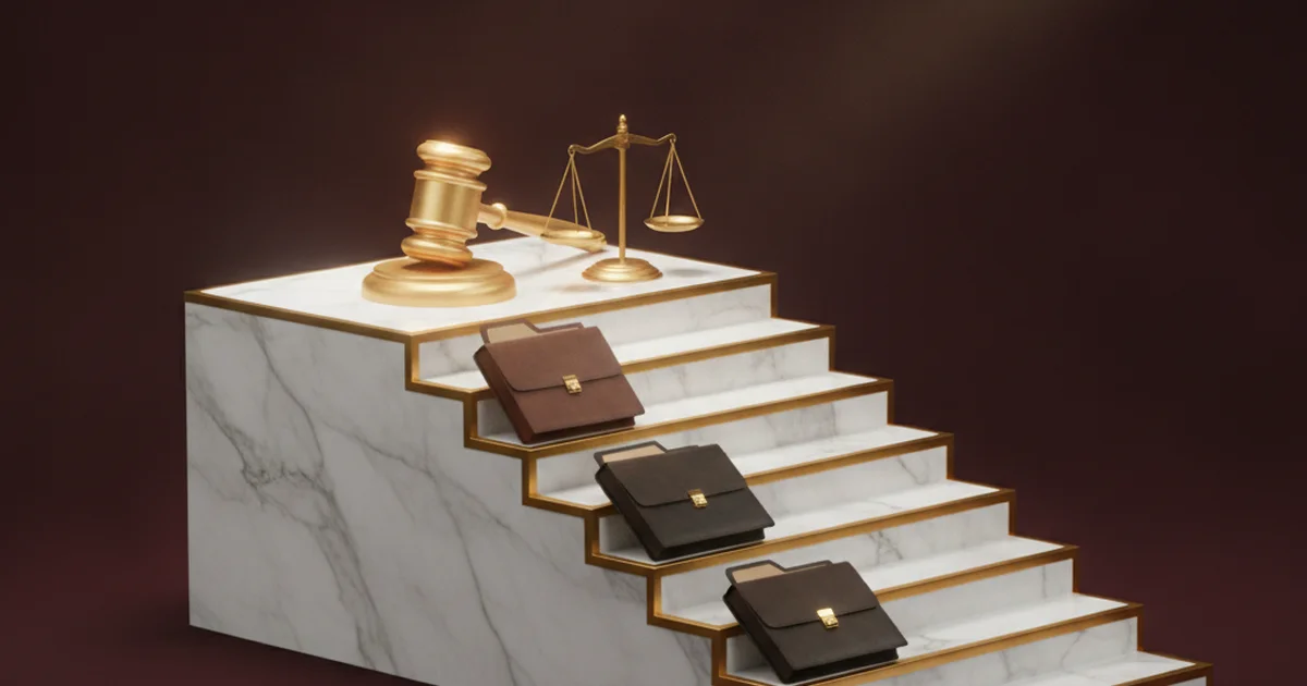 Render 3D de una escalinata de mármol con bordes dorados, carpetas de expedientes en los escalones y un mazo y una balanza dorados en la cima, sobre fondo bordó oscuro — las instancias de los recursos judiciales