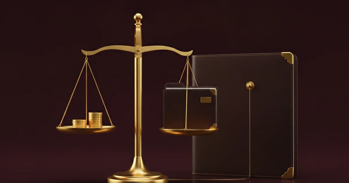 Render 3D de una balanza dorada con monedas en un platillo y una carpeta legal en el otro, unida por un hilo dorado a un expediente mayor — la regulación de honorarios como proceso accesorio de la causa principal
