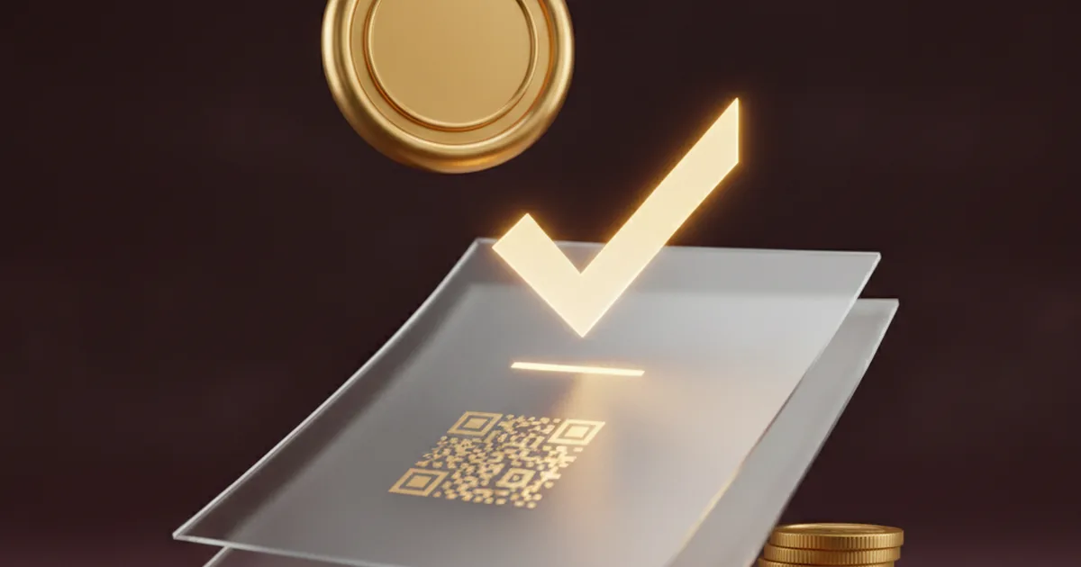 Render 3D de hojas translúcidas con un patrón dorado tipo código QR, un tilde dorado luminoso, una moneda y una pila de monedas doradas sobre fondo bordó oscuro — la verificación electrónica del pago de tasas judiciales